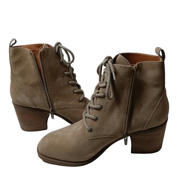 Lucky Brand Wadil Stone Taupe Suede Leather Lace up Combat Ankle Boots Booties - Picture 9 of 11